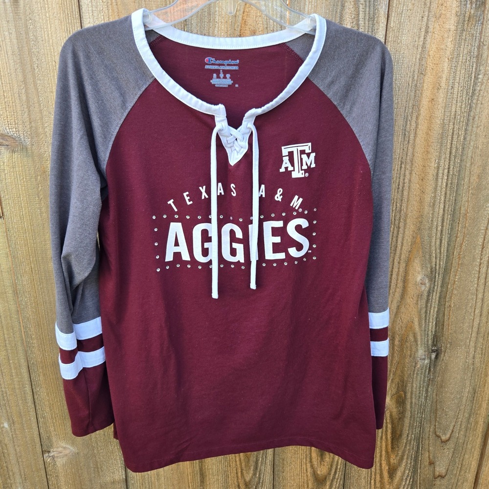 Texas A&M Aggies Lace Up Long Sleeve Shirt Maroon Grey Rhinestone Large Champion